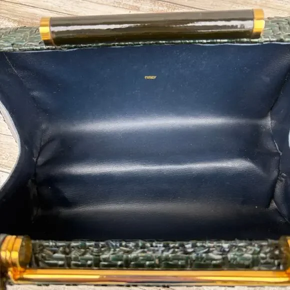 VTG Rodo Lacquered Wicker Basket Box Purse Green Framed Retro 50s 60s Italian - Picture 11 of 15